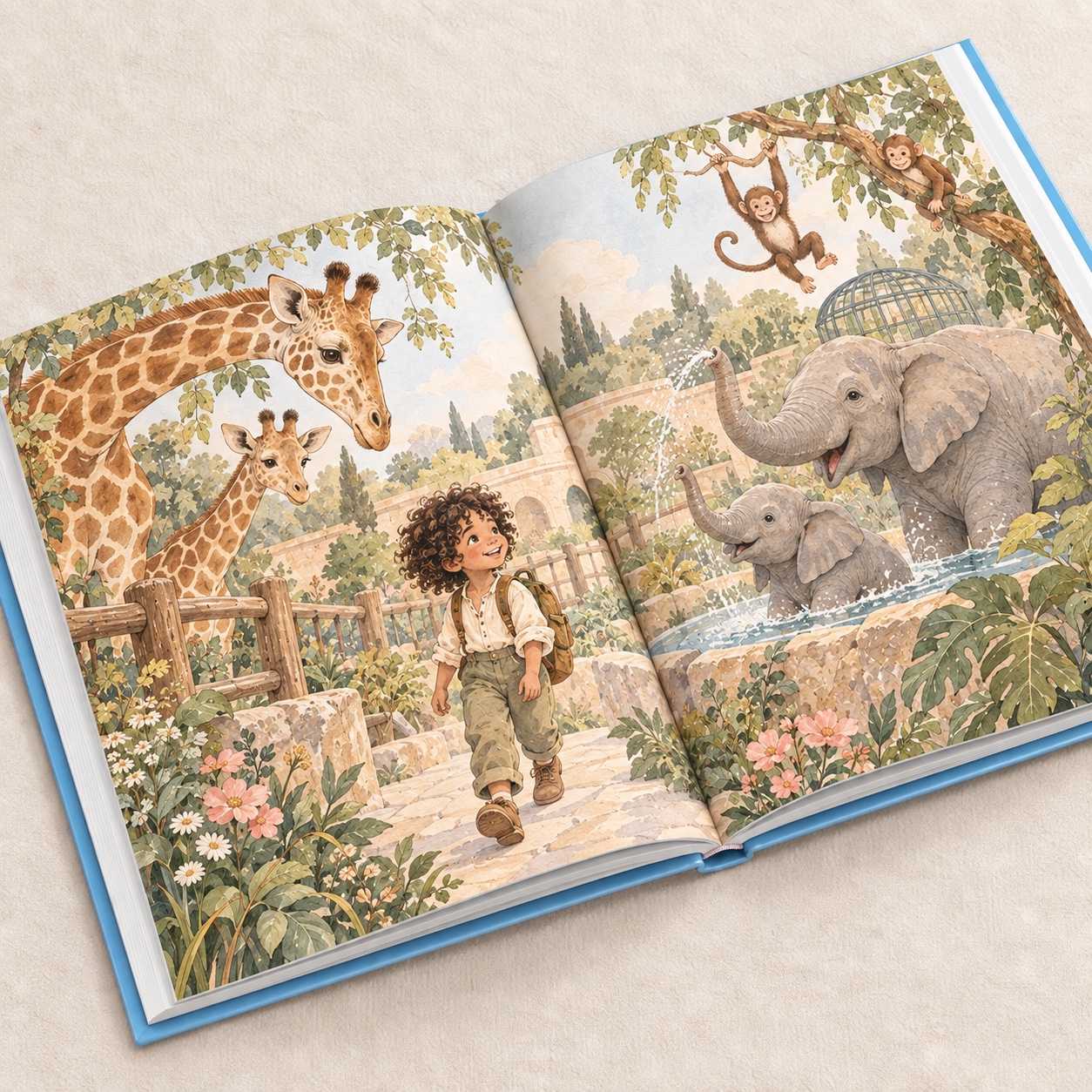 Open personalized storybook showing a child's zoo adventure